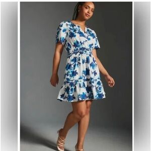 Anthropologie White Somerset Dress with Blue Floral Print